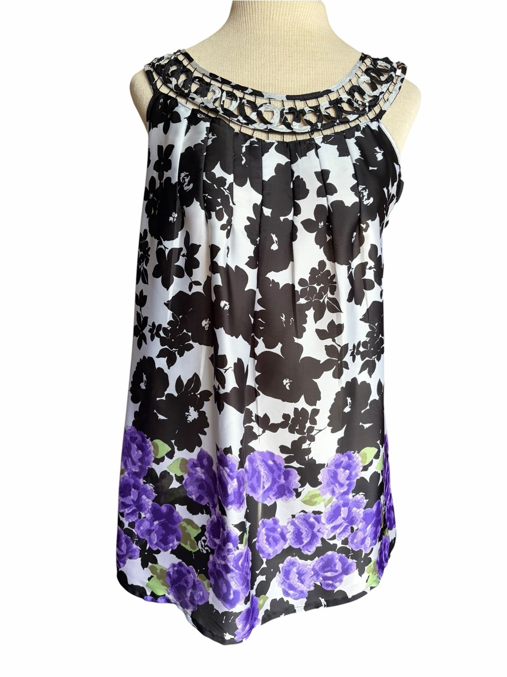 Dress Barn Black & White Floral Camisole Tank Top with Purple Hem